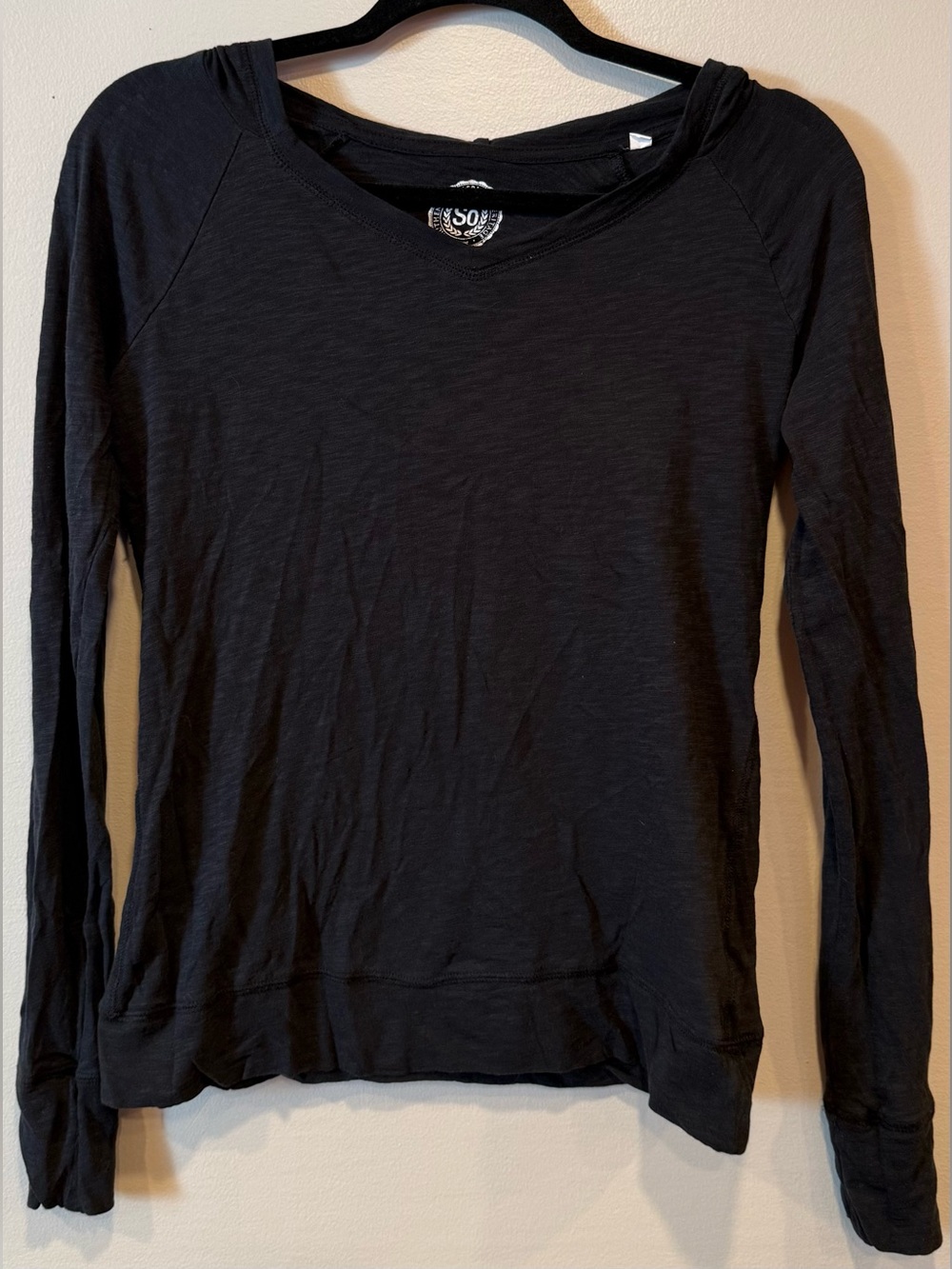 SO Black Lightweight Knit Long Sleeve V-Neck Hoodie Top Medium Y2K